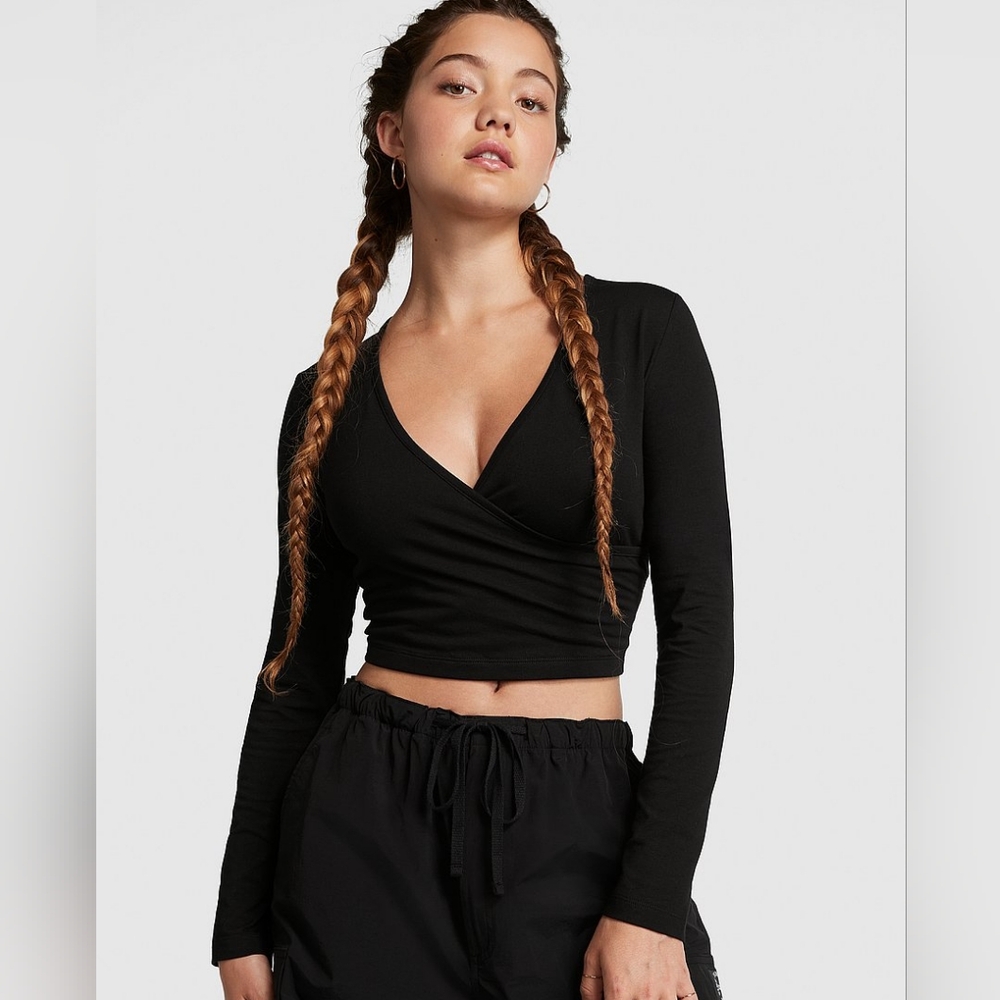 Victoria's Secret Black Long Sleeve Wrap Crop Blouse